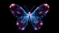 Luminous butterfly with glowing pink and blue wings against black background, featuring ethereal light effects and cosmic sparkles. Magical fantasy art concept.