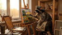 Artistic raccoon painter wearing beret creating landscape artwork in sunlit studio with easel, brushes and canvases for creative design projects.