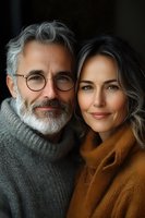 Mature couple embracing warmly in cozy sweaters, showing love and connection. Middle-aged man with glasses and beard alongside woman in autumn colors.