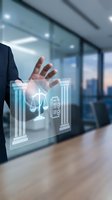 Businessman hand presenting digital courthouse with justice scales and legal documents in modern office environment for legal technology solutions.