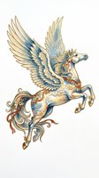 Ornate flying Pegasus with decorative swirls, gold accents, and blue tones, isolated on transparent background. Great for t-shirt design, stickers, clipart, and print on demand.