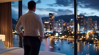 Businessman in white shirt looking at night city skyline through panoramic window of luxury apartment. Urban lights reflect in harbor water at dusk.