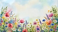 Watercolor wildflower border with poppies, daisies, lavender, and cornflowers on a soft sky background with copy space.