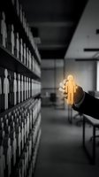 Hand holding glowing golden human figure icon in modern office corridor with rows of employee portraits on walls, representing recruitment, talent selection, and human resources management.