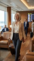 Confident mature businesswoman walking through modern airport lounge with colleagues in background. Professional travel and corporate lifestyle concept.