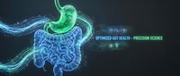 Glowing digital illustration of human digestive system with stomach and intestines highlighted in neon green and blue, representing optimized gut health and precision science on dark background.