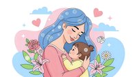 Young mother with blue hair embracing toddler child surrounded by flowers hearts and clouds in tender maternal bonding moment for family content.