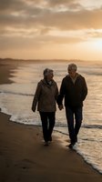 Senior couple walking hand in hand on beach at sunset, romantic golden hour moment, elderly man and woman enjoying peaceful seaside stroll together.