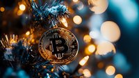 Golden bitcoin cryptocurrency coin on Christmas tree branch with festive bokeh lights and decorations creating magical holiday atmosphere.
