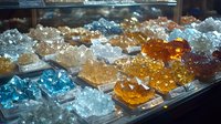 Colorful sugar crystals on display in transparent containers at market stall, featuring amber, blue and clear crystallized candy formations in retail setting.