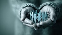 Hands in warm knitted mittens holding paper cutout family figures, symbolizing care, protection, and community support in cool toned monochromatic style.