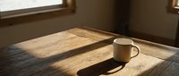 Metallic mug with shadow on wooden table near window with natural sunlight streaming across surface for beverage, morning routine, and lifestyle photography.