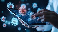 Digital tablet screen with floating red and blue virus cell structures against dark background, hands touching display showing medical research data.