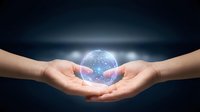 Hands holding glowing digital globe with network connections, representing global communication, technology innovation, and worldwide business connectivity for corporate concepts.