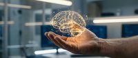 Glowing digital brain hologram floating above open palm in modern laboratory setting representing artificial intelligence and neuroscience innovation.