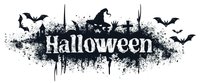 Spooky Halloween text with witch silhouette, flying bats and graveyard crosses on black grunge background, gothic style lettering for seasonal decoration.