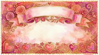 Ornate floral frame with pink roses, golden scrollwork, and decorative hearts featuring blank ribbon banner for text overlay, suitable for invitations and greeting cards.