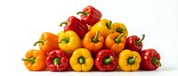 Colorful bell peppers in red, yellow, and orange varieties arranged in a pyramid stack on white background, suitable for food, nutrition, cooking, and healthy eating designs.
