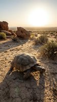 Desert tortoise walking on cracked earth in arid landscape with red rock formations and sparse vegetation during golden hour sunset light.