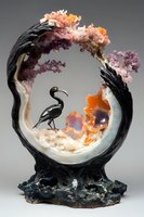 Mystical circular sculpture featuring black heron silhouette against ethereal crystal formations in purple and orange hues, set against abstract curved frame.