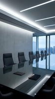 Modern conference room with sleek black chairs at polished table, floor-to-ceiling windows overlooking cityscape, minimalist concrete walls, and linear LED ceiling lights for corporate meetings.
