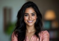 Young Hispanic woman with long dark hair and bright smile wearing pink blouse against soft blurred background. Natural makeup and confident expression for lifestyle content.
