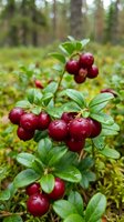 Fresh red cranberries growing on green bushes in natural forest environment. Wild berry harvest season in woodland setting for organic food concepts.