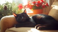 Sleepy black cat lounging on beige armchair near window with red flowers in background, warm sunlight creating cozy domestic atmosphere.
