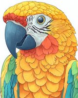 Vibrant macaw parrot head close-up with detailed yellow and orange feathers, blue beak, and expressive eye on white background, ready for nature-themed designs.