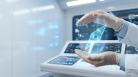 Healthcare professional protecting digital medical data with hands over tablet displaying patient information and medical interface technology.
