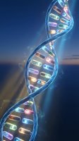 Glowing DNA double helix with colorful capsules and pills representing genetic medicine and pharmaceutical research on blue background.