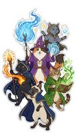 Wizard cat character with magical feline companions casting elemental spells including fire, water, and nature magic. Isolated clipart on transparent background for design use.