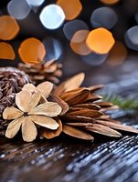 Pine cones and decorative wooden flowers on dark rustic surface with warm bokeh lights creating cozy holiday atmosphere, macro photography.