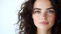 Young Caucasian woman with natural makeup, blue eyes and dark curly hair looking at camera against white background. Close up portrait showing fresh glowing skin.