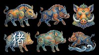 Decorative Chinese zodiac pig set with ornate floral patterns, isolated on transparent background, ready for stickers, sublimation, t-shirt design, and print on demand.