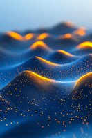 Abstract digital waves with glowing orange particles floating over deep blue undulating surface, creating dynamic technological landscape with depth and motion effects.