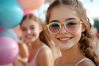Young Caucasian girl wearing colorful glasses smiling at birthday party celebration with pastel balloons in background, expressing joy and happiness in festive atmosphere.