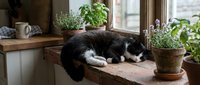 Black and white cat sleeping peacefully on wooden windowsill surrounded by potted herbs and green plants in cozy kitchen setting with natural light.