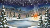 Winter landscape with campfire by frozen lake surrounded by snow-covered pine trees under starry night sky for holiday greeting cards and seasonal designs.