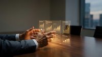 Business professional analyzing holographic financial data charts and graphs on modern office desk with city skyline background for corporate presentations.