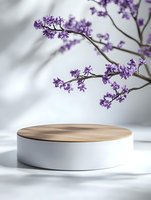 Minimalist product display podium with wooden top and white base under blooming purple spring flowers branch casting soft shadows on light background.