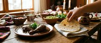 Person serving traditional Middle Eastern meal with flatbread and various dishes on wooden table in warm sunlit kitchen setting for family dining.