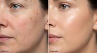 Before and after skin treatment comparison showing a young Caucasian woman with uneven tone transforming to smooth, glowing complexion.