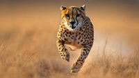 Majestic cheetah sprinting through golden savanna grass during sunset, showcasing power and speed in natural African wildlife habitat, captured in warm lighting.