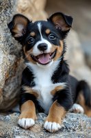 Adorable tricolor Australian Shepherd puppy with bright blue eyes and happy expression lying on rocks outdoors, showing characteristic markings and friendly demeanor.