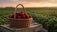 Fresh ripe strawberries in wicker basket on wooden crate in agricultural field during golden hour sunset for organic farming and harvest concepts.