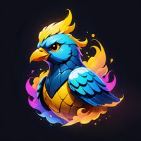 Mythical blue phoenix bird with golden feathers and vibrant flame effects on dark background, stylized fantasy creature for gaming and mascot design.