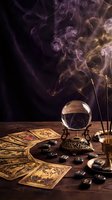 Mystical fortune telling setup with crystal ball, tarot cards, runes and incense smoke on wooden table for divination and spiritual guidance sessions.