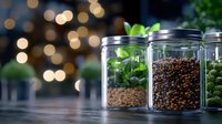 Glass jars filled with spices, grains and herbs on wooden surface against blurred bokeh lights background, creating cozy kitchen atmosphere with fresh ingredients.