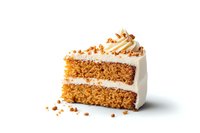 Slice of layered carrot cake with cream cheese frosting and crushed walnuts on top, isolated on white background. Moist texture and rich orange crumb visible.